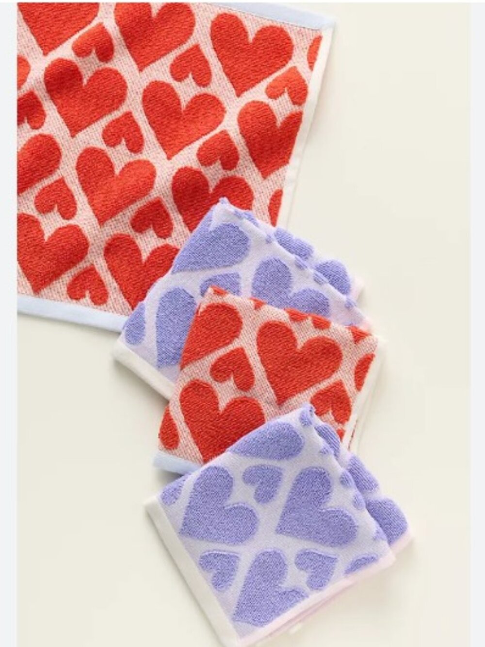 Anthropologie Icon Heart Jacquard Dishcloths in Red and Lavender, Set of 4 - NWT